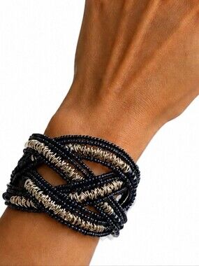 💎 Black Silver Beaded Braided Statement Cuff Bracelet Wide Multi Strand